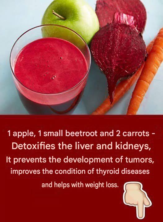 1 apple, 1 small beetroot and 2 carrots – Detoxifies the liver and kidneys, prevents the formation of tumors, improves the condition of the thyroid
