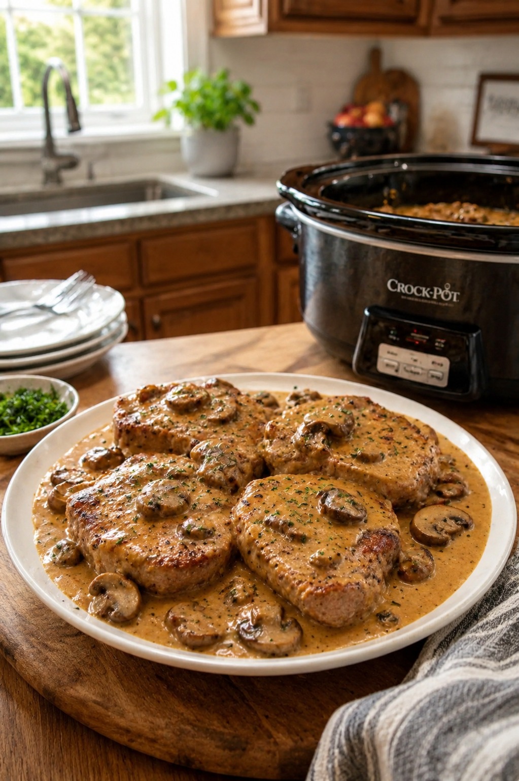 Slow Cooker Smothered Pork Chops with Mushroom Gravy — Easy Homemade Recipe