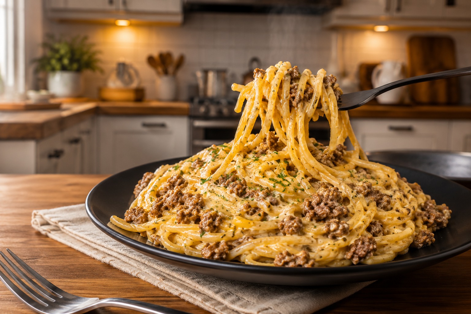 Garlic Butter Beef Spaghetti in Cheddar Cream Sauce — Easy Homemade Recipe