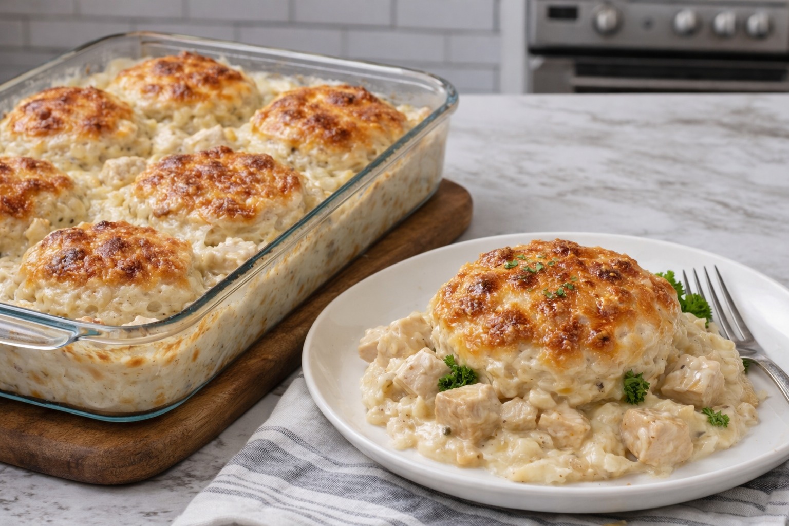 4-Ingredient Chicken Alfredo Biscuit Casserole — Easy Homemade Recipe