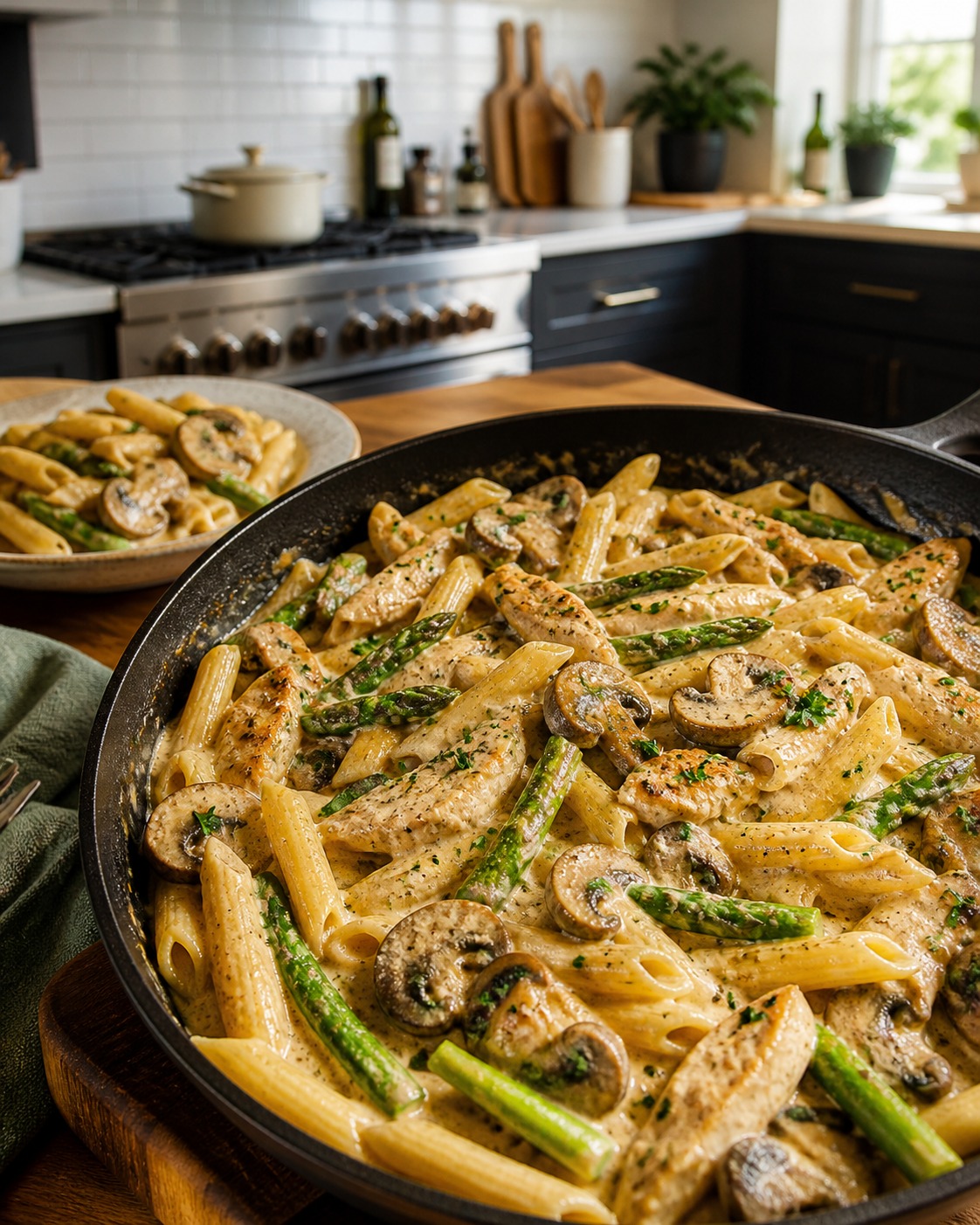 Creamy Mushroom Asparagus Chicken Penne — Easy Homemade Recipe